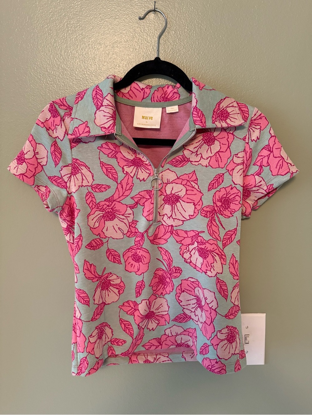 Maeve Pink Floral Zip Polo Top